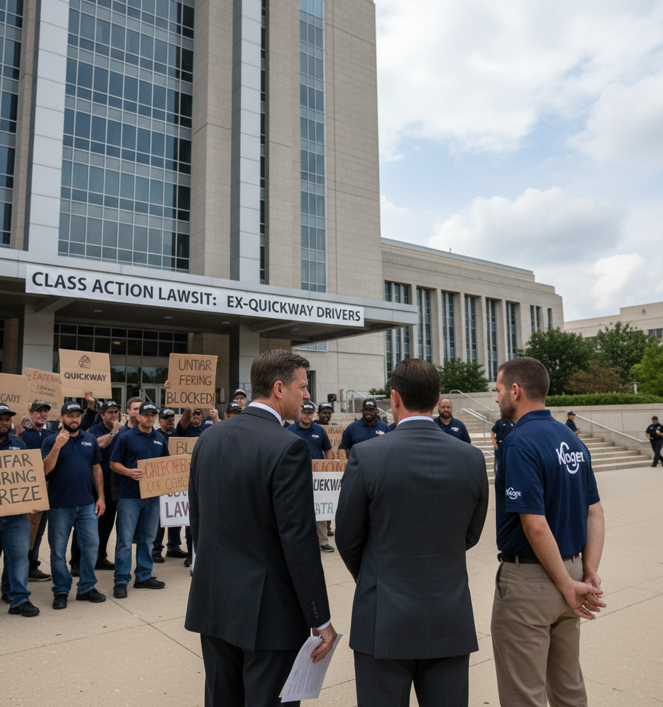 3 carriers and Kroger blocked hiring of ex-Quickway drivers: lawsuit — AI-generated illustration