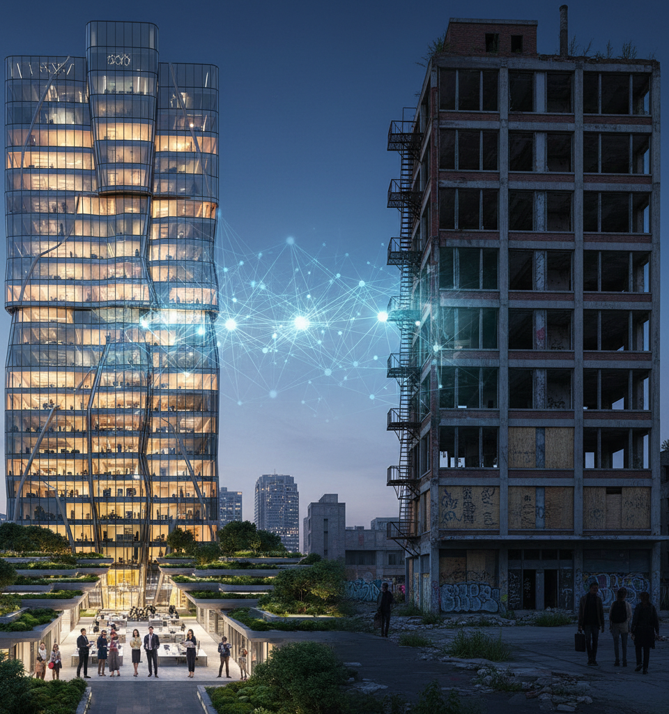 AI Fuels Dual Office Market: Winners Thrive, Losers Struggle in Post-Pandemic Landscape — AI-generated illustration
