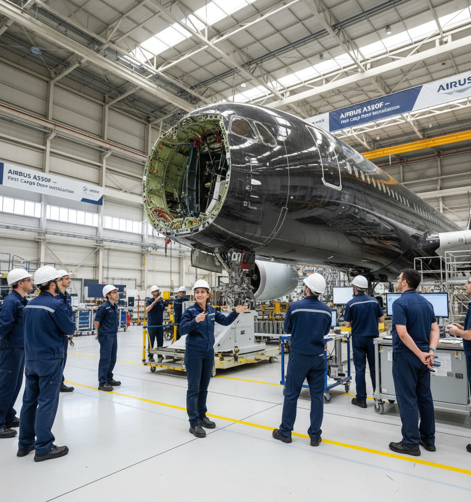 Airbus Marks Major Milestone: First Cargo Door Installation on A350 Freighter Prototype — AI-generated illustration