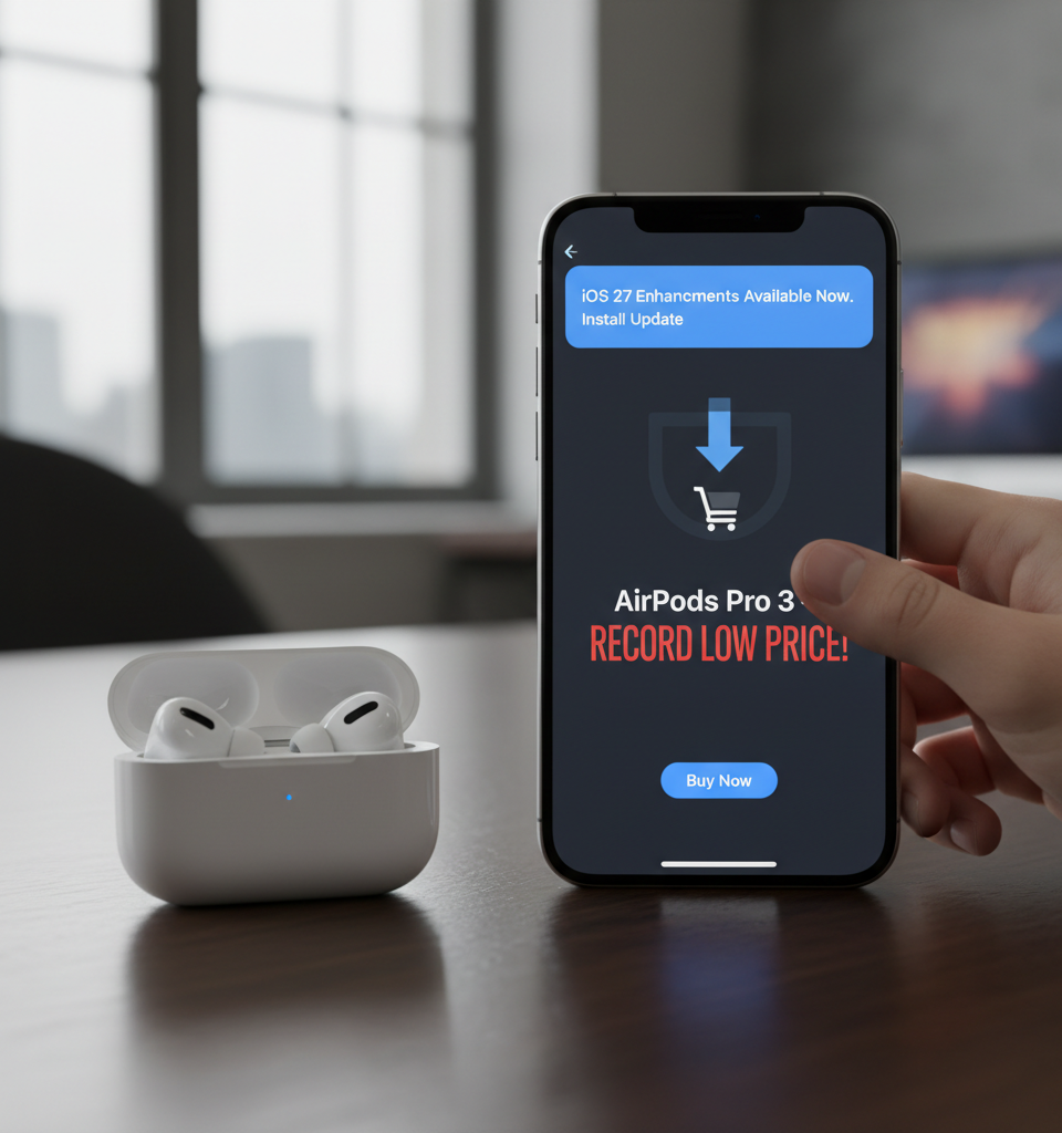 AirPods Pro 3 See Record Low Price Ahead of iOS 27 Enhancements — AI-generated illustration