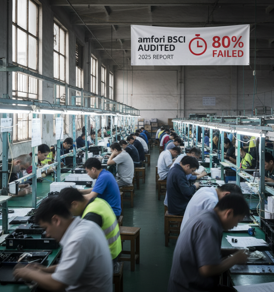 Alarming 2025 Report: 80% of amfori BSCI-Audited Factories Failed on Working Hours — AI-generated illustration