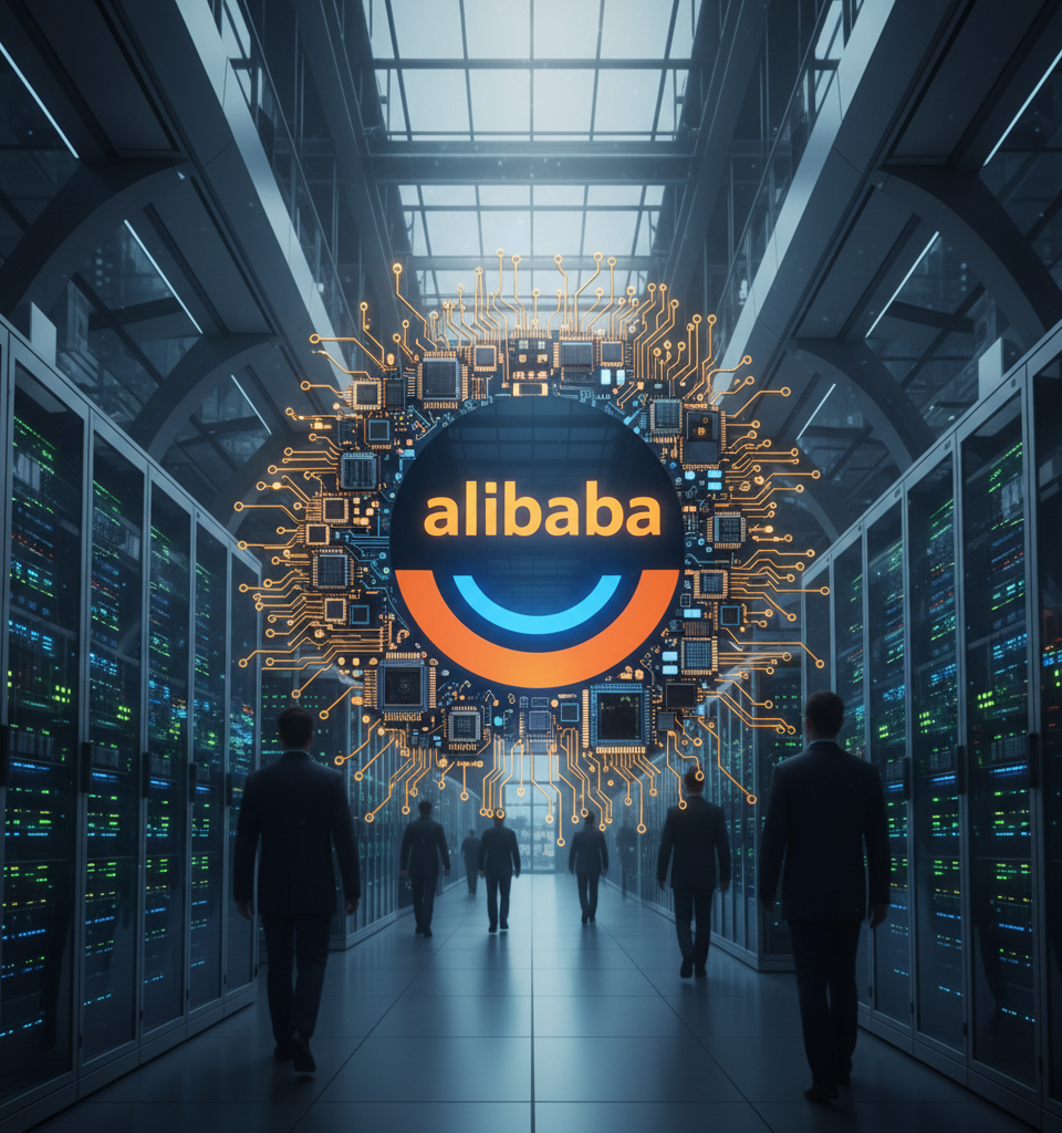 Alibaba Shares Surge on New AI Chip Unveiling, Global Data Center Expansion — AI-generated illustration