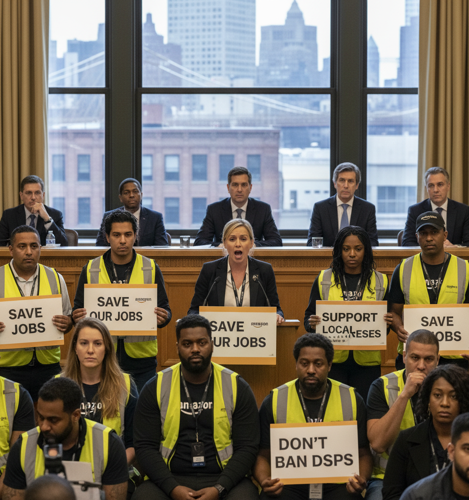 Amazon DSPs in NYC Face Existential Threat from Proposed 'No Subcontractor' Bill — AI-generated illustration