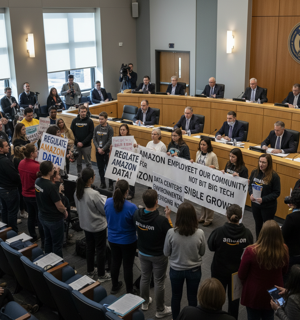 Amazon Employees Demand Data Center Regulations at City Council Meeting — AI-generated illustration