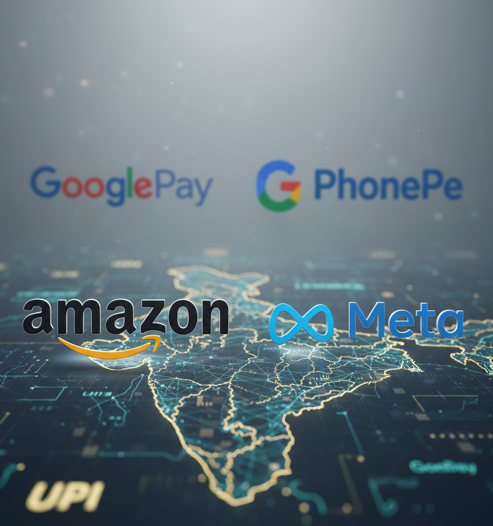 Amazon, Meta Challenge Google Pay, PhonePe Duopoly in India's UPI Market — AI-generated illustration