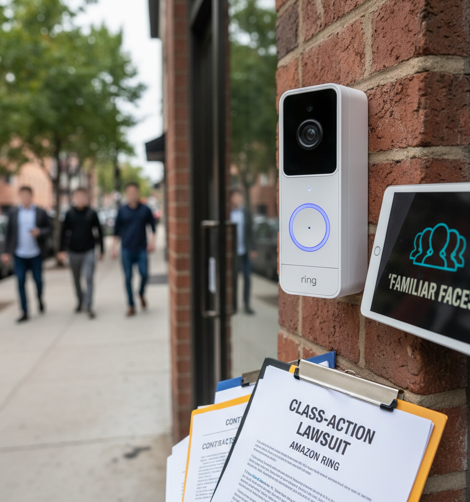 Amazon's Ring Faces Class-Action Lawsuit Over 'Familiar Faces' Facial Recognition — AI-generated illustration