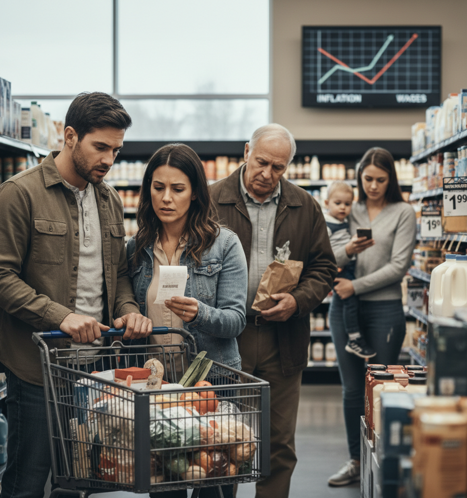 American Consumers Squeezed as Inflation Outpaces Wages, Driving Sentiment to Historic Lows — AI-generated illustration