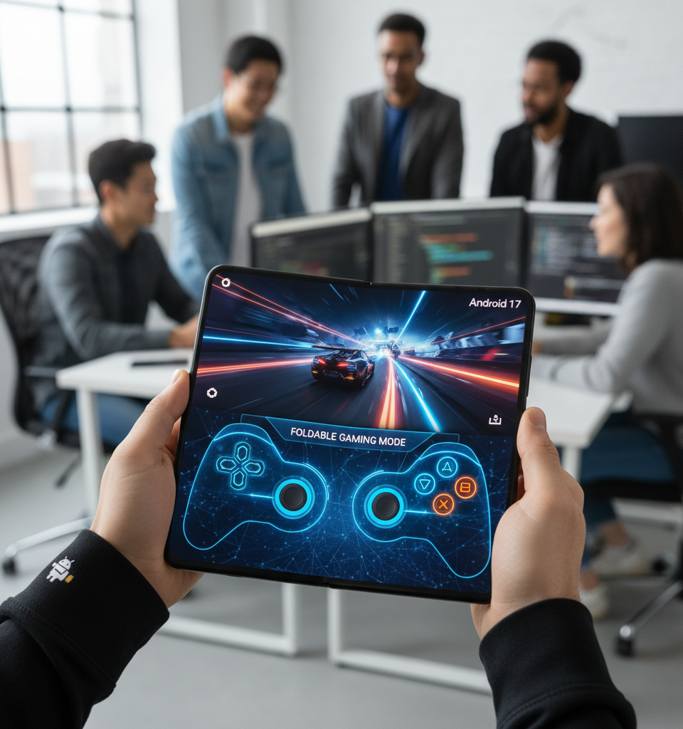 Android 17 to Introduce Dedicated Foldable Gaming Mode with Virtual Controller — AI-generated illustration