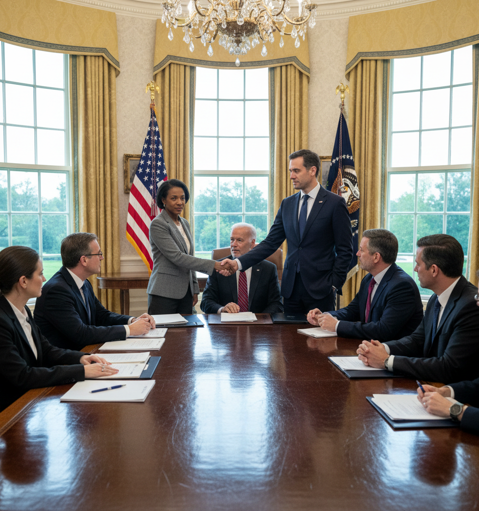 Anthropic’s Amodei meets Wiles and Bessent at the White House in first step toward resolving Mythos standoff — AI-generated illustration