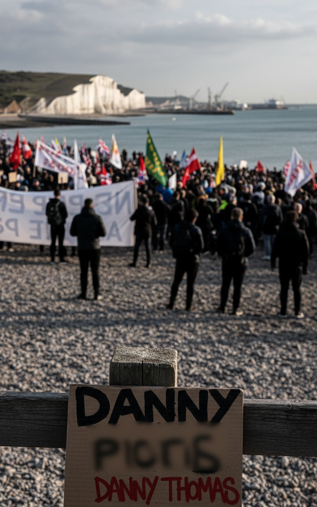 Anti-Migrant Protests: Examining Links in Dover and Portsmouth and Organizer Danny Thomas — AI-generated illustration