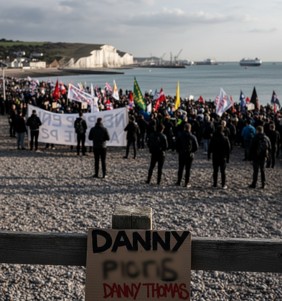 Anti-Migrant Protests: Examining Links in Dover and Portsmouth and Organizer Danny Thomas — AI-generated illustration