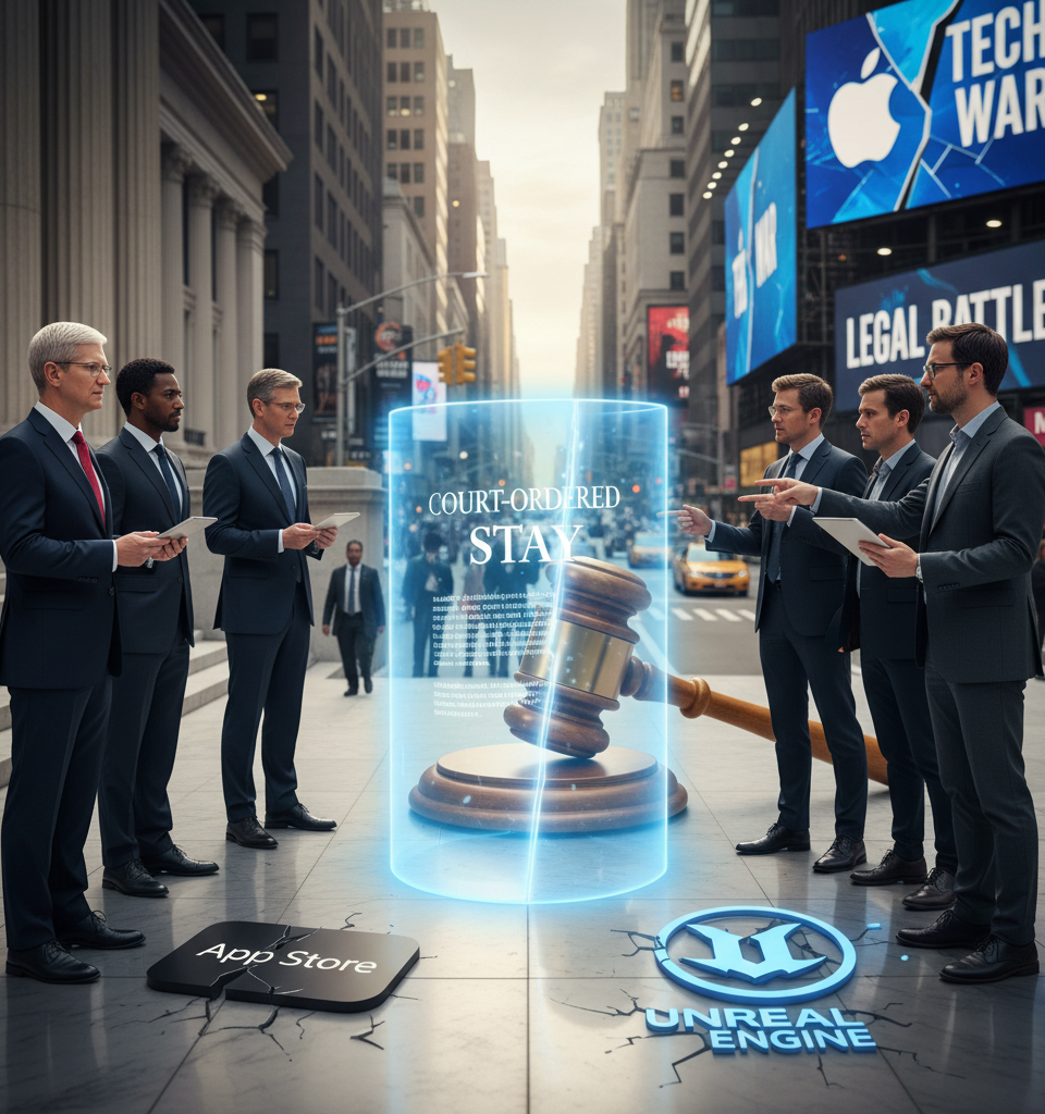 App Store fight continues as Apple and Epic clash over court-ordered stay — AI-generated illustration