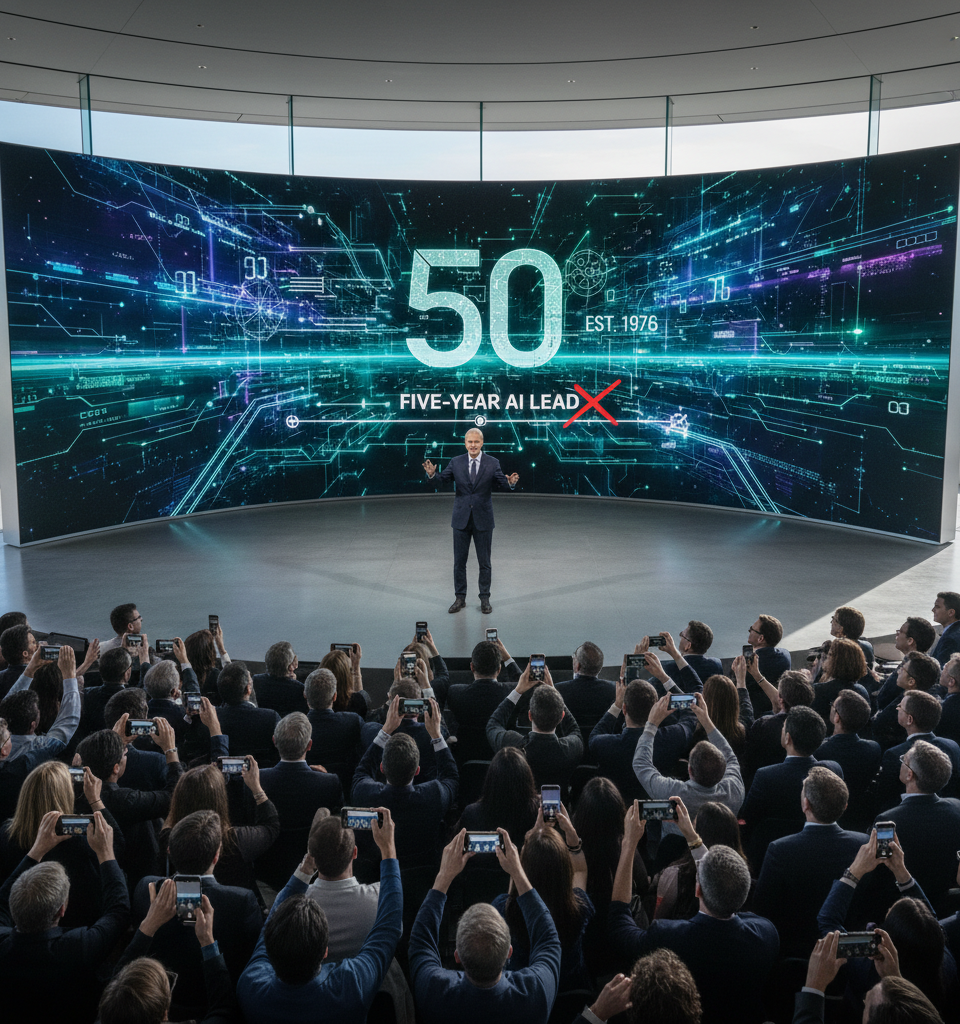 Apple at 50: Can the Tech Giant Overcome its 'Five-Year AI Lead' Deficit? — AI-generated illustration