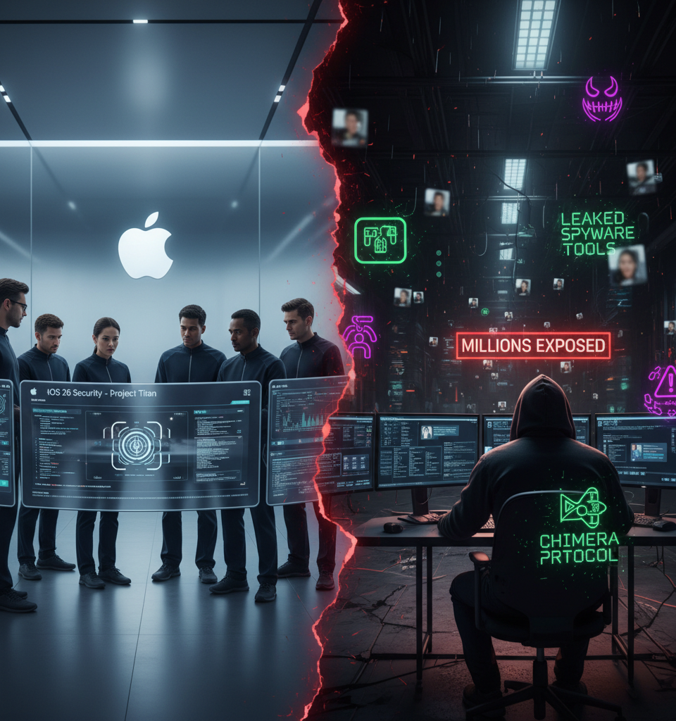 Apple made strides with iOS 26 security, but leaked hacking tools still leave millions exposed to spyware attacks — AI-generated illustration