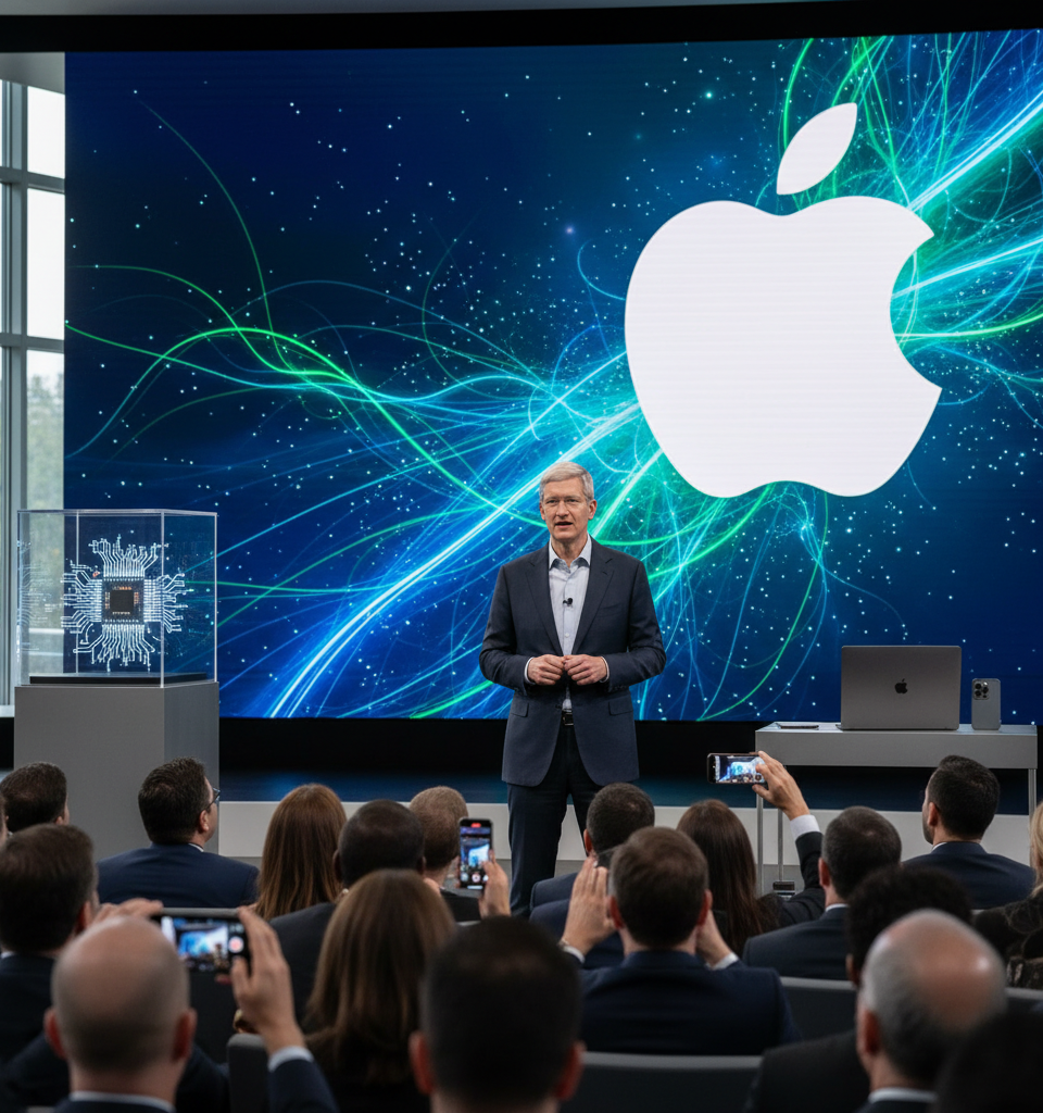 Apple Navigates Record Sales with Looming Chip Shortage as Cook Departs — AI-generated illustration