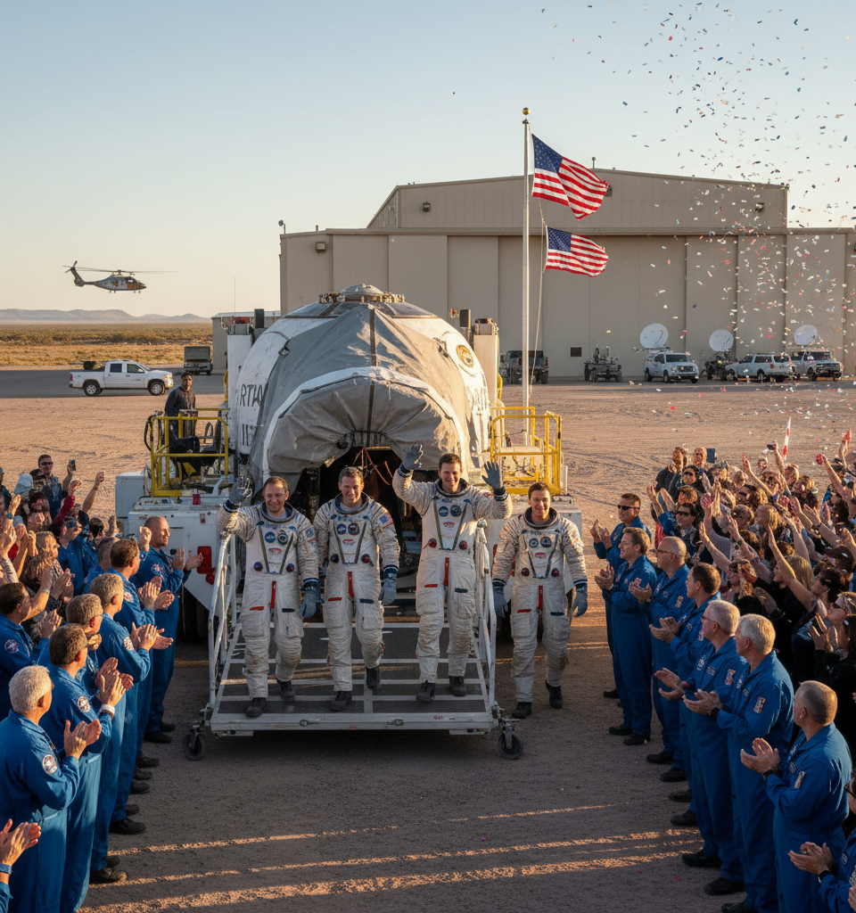 Artemis crew home safely after completing historic mission to the Moon — AI-generated illustration