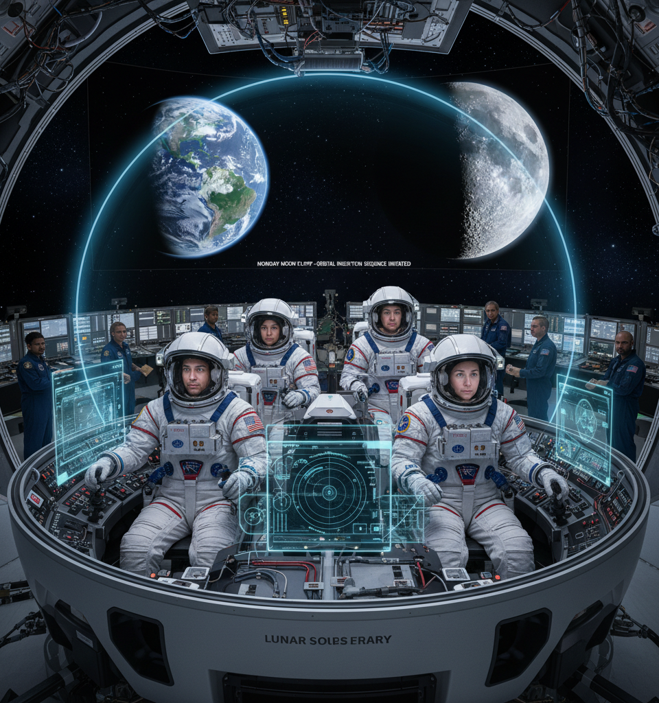 Artemis II Astronauts Prepare for Historic Lunar Sphere Entry and Monday Moon Flyby — AI-generated illustration