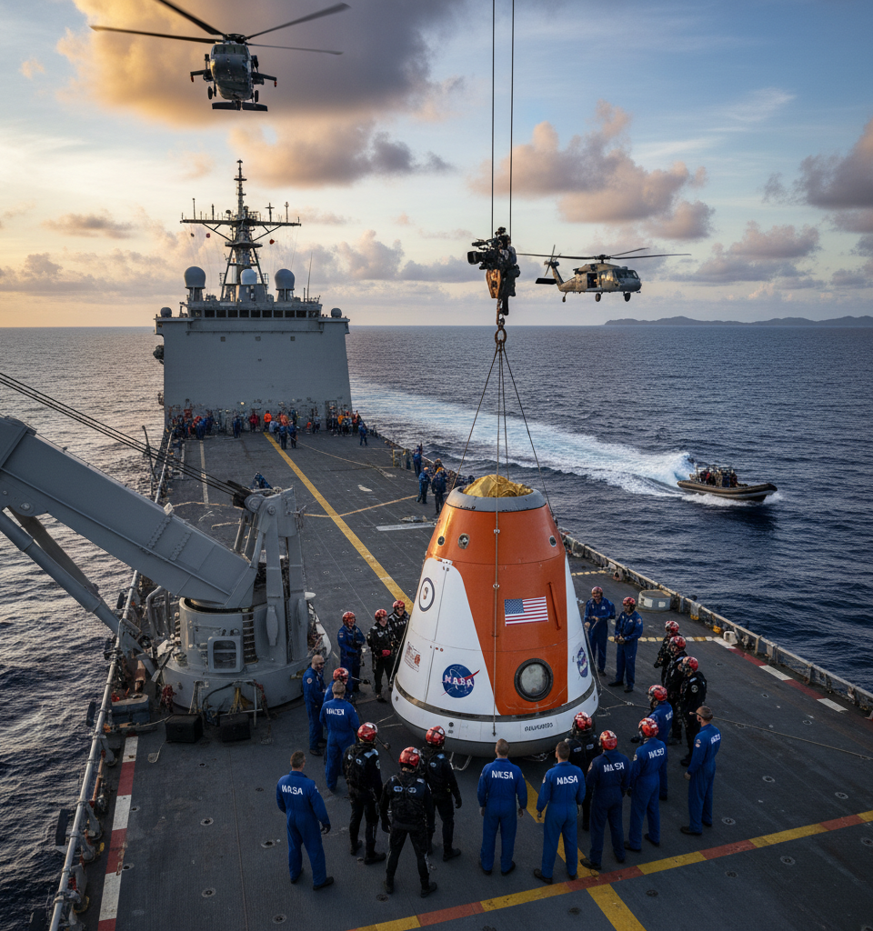 Artemis II Splashdown: NASA & Navy Prepare for Critical At-Sea Recovery Operations — AI-generated illustration