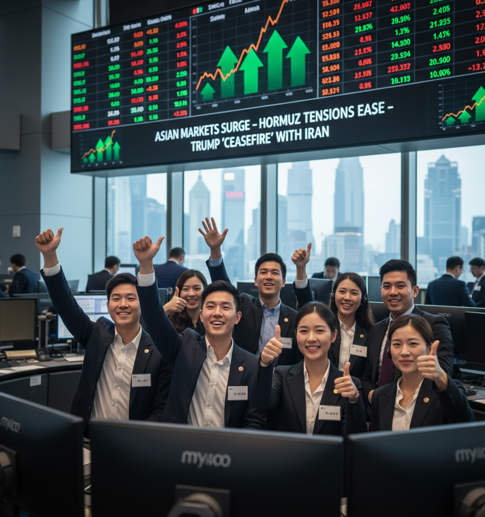 Asian Markets Surge on Easing Hormuz Tensions After Trump's Iran 'Ceasefire' — AI-generated illustration