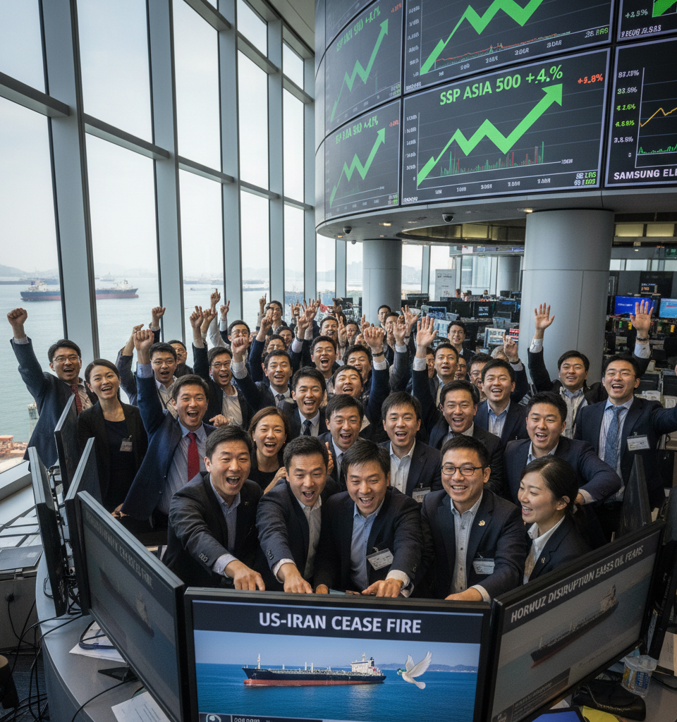 Asian tech stocks surge as U.S.-Iran cease fire ease Hormuz disruption worries — AI-generated illustration