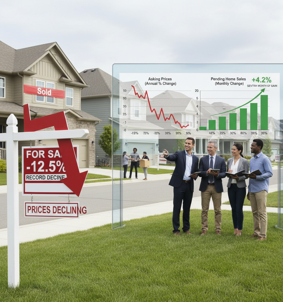 Asking Prices See Record Annual Decline as Pending Home Sales Rise for Seventh Consecutive Month — AI-generated illustration