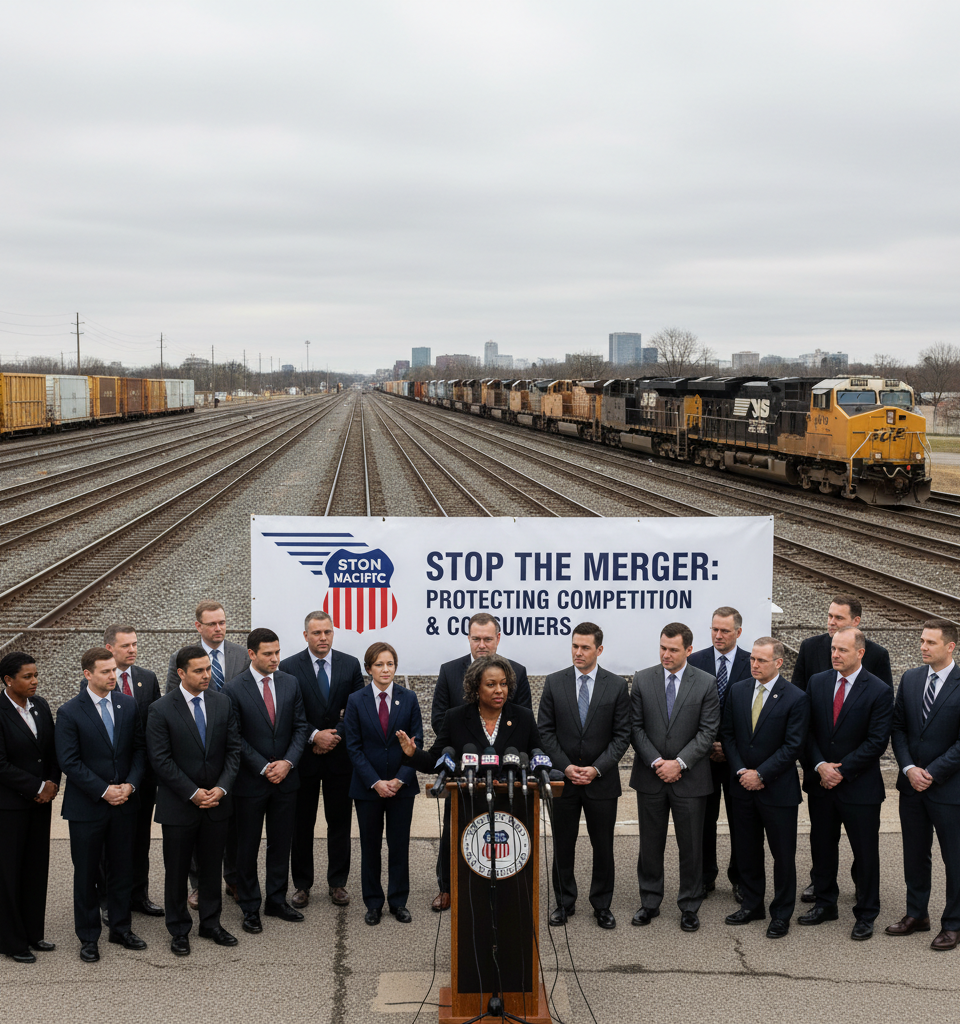 Attorneys General Urge STB to Reject Proposed Union Pacific-Norfolk Southern Rail Merger — AI-generated illustration