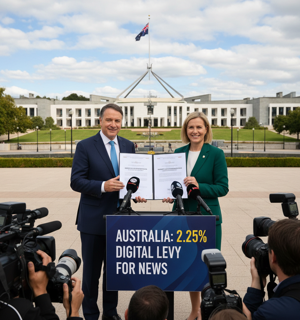 Australia Introduces Landmark 2.25% Digital Levy on Google, Meta, TikTok for News Funding — AI-generated illustration