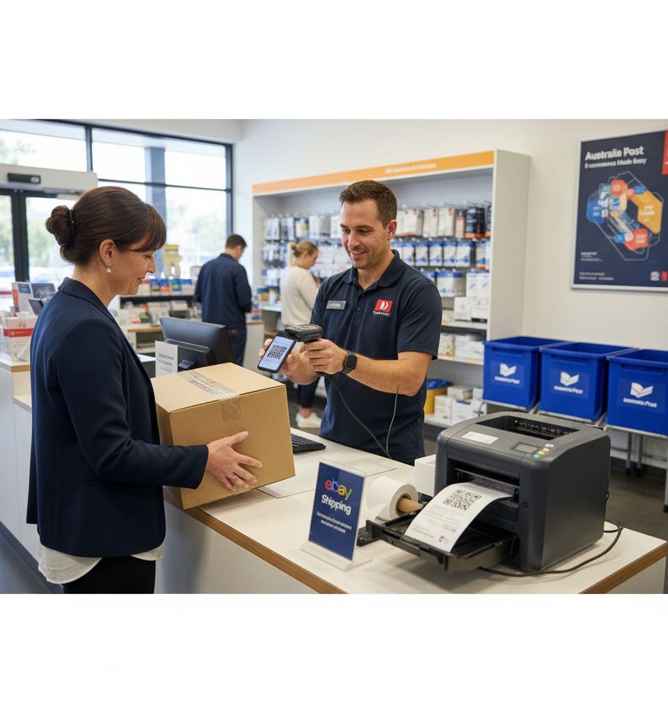 Australia Post Rolls Out Free In-Store Label Printing for eBay Sellers, Streamlining E-commerce Logistics — AI-generated illustration