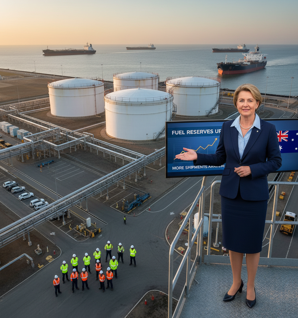 Australian Minister Says Fuel Reserves Up, More Shipments on Way — AI-generated illustration