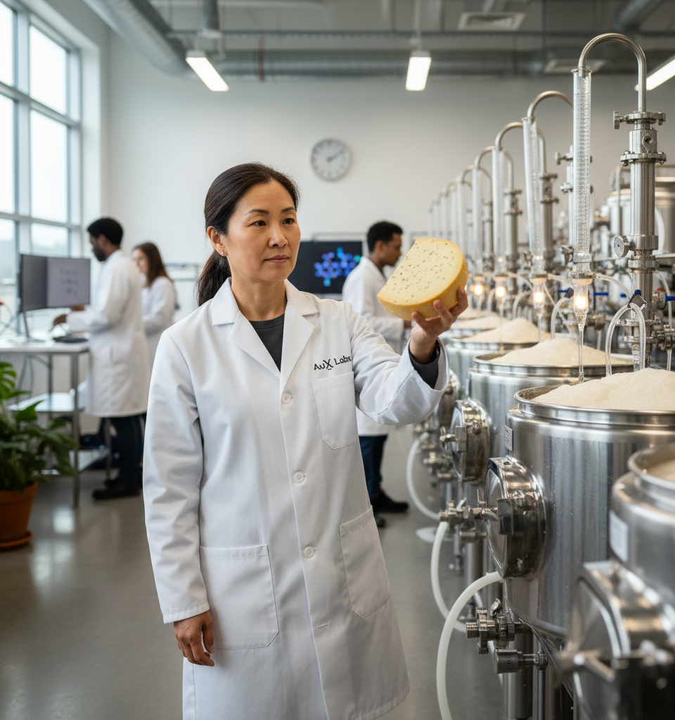 AuX Labs Targets Vegan Cheese Market with Microbrewery Tech, Promising Cost Parity and Authenticity — AI-generated illustration