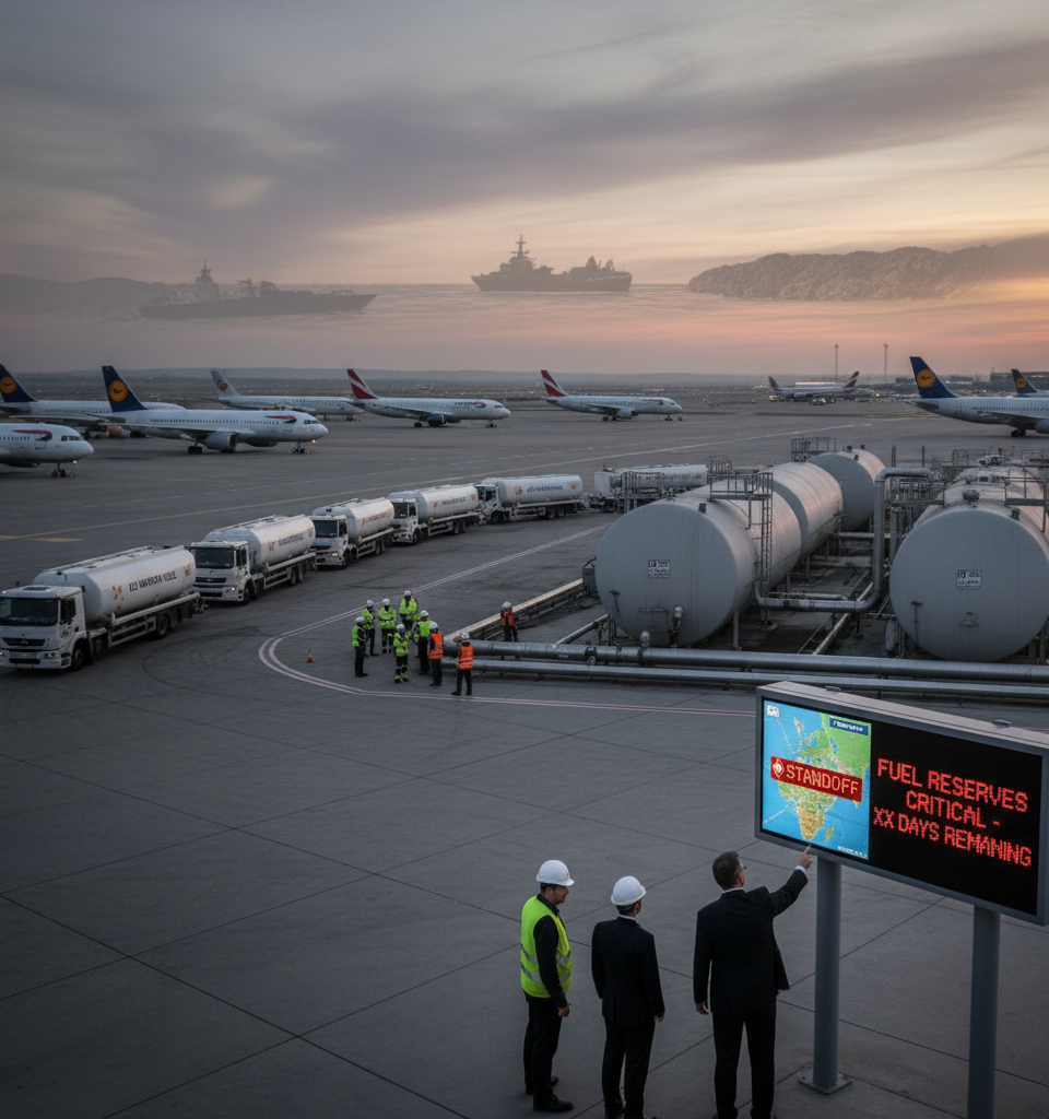 Aviation Crisis Looms: EU Airports Warn of Fuel Shortages Amidst Strait of Hormuz Standoff — AI-generated illustration