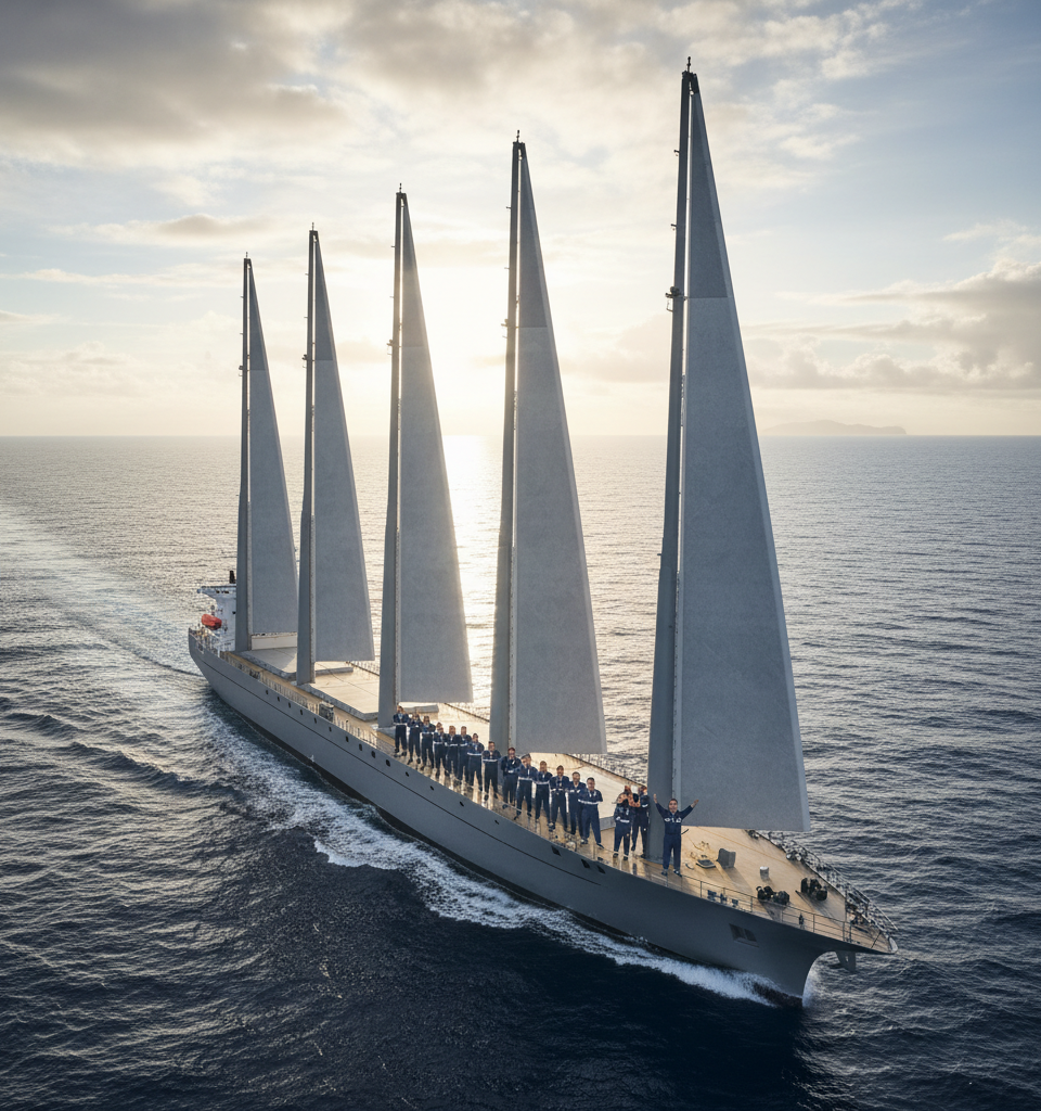 Back to the future: New wind-powered ship joins trans-Atlantic service — AI-generated illustration