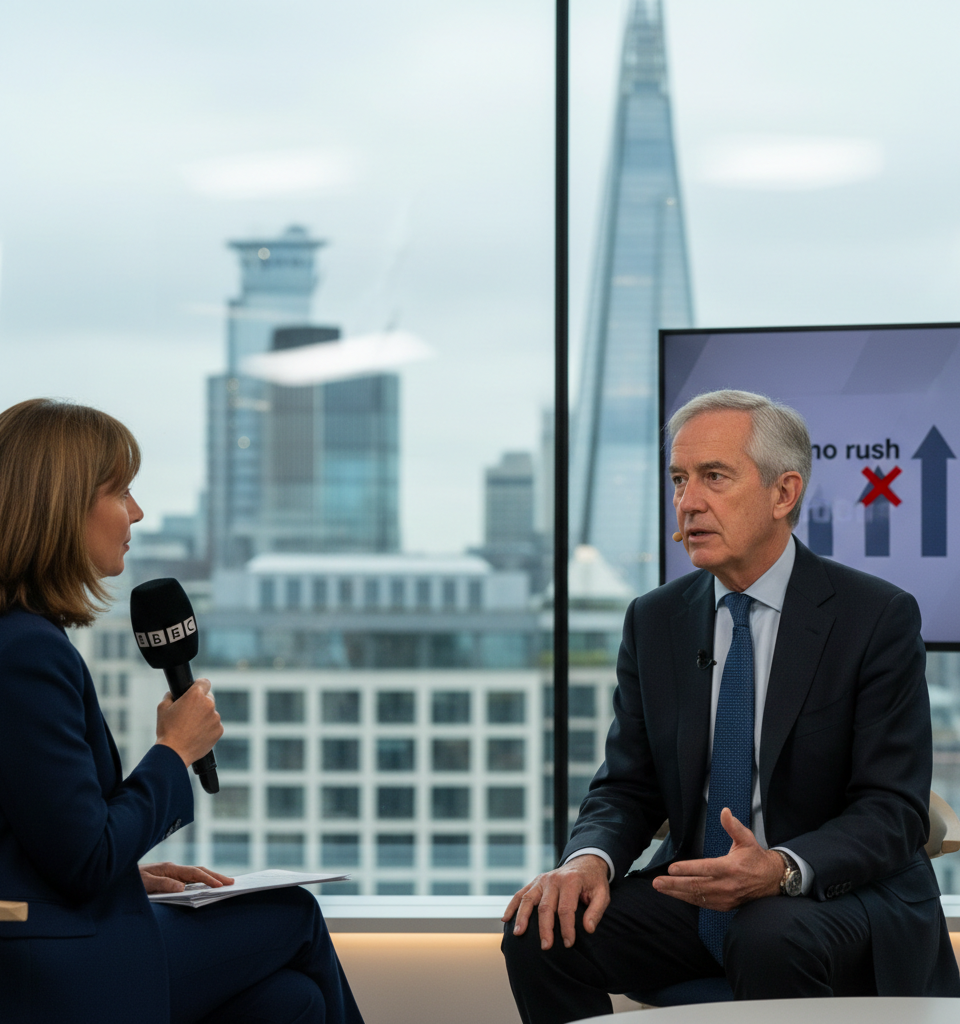 Bank of England boss tells BBC he won't rush interest rate rises — AI-generated illustration