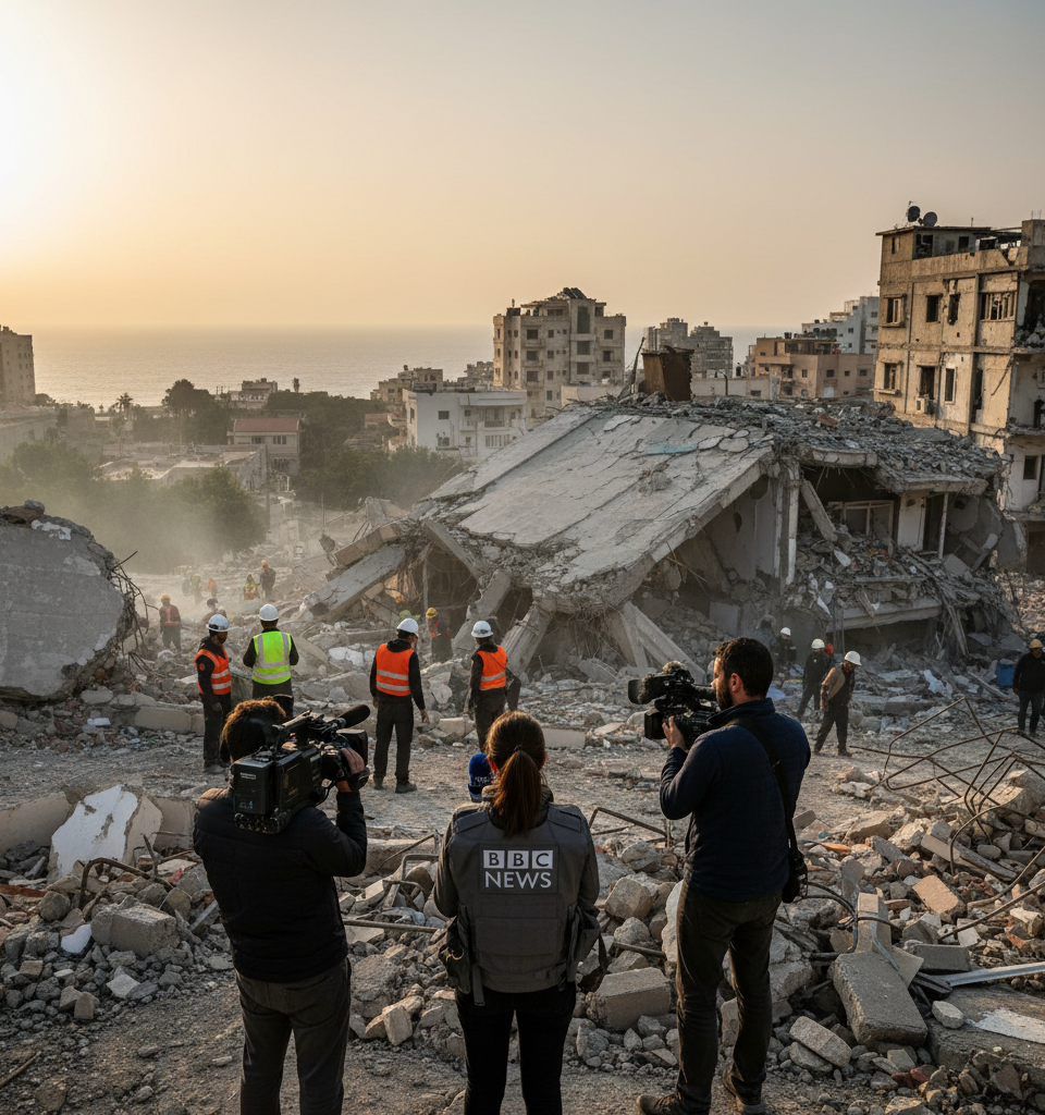 BBC at the site of Israeli air strikes in Beirut — AI-generated illustration