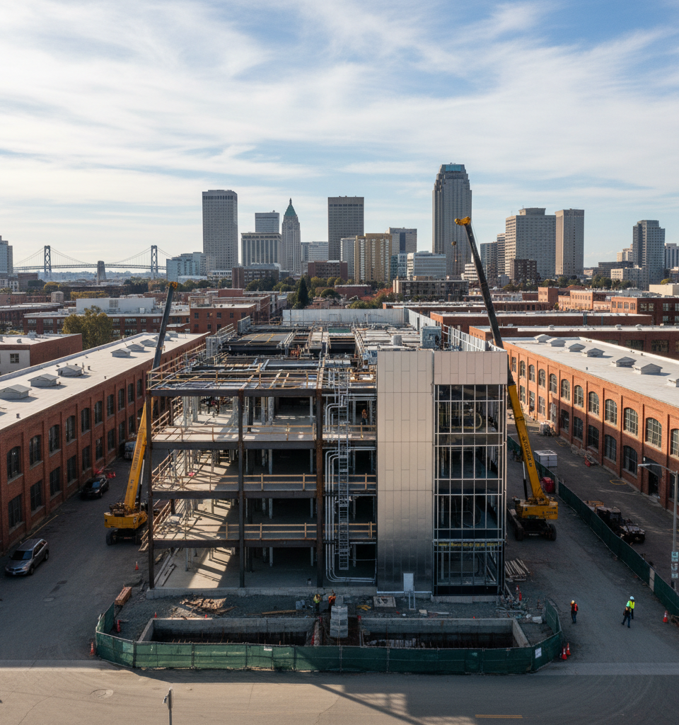 Behring Cos. Plans 20-Megawatt AI Data Center for Downtown Oakland — AI-generated illustration