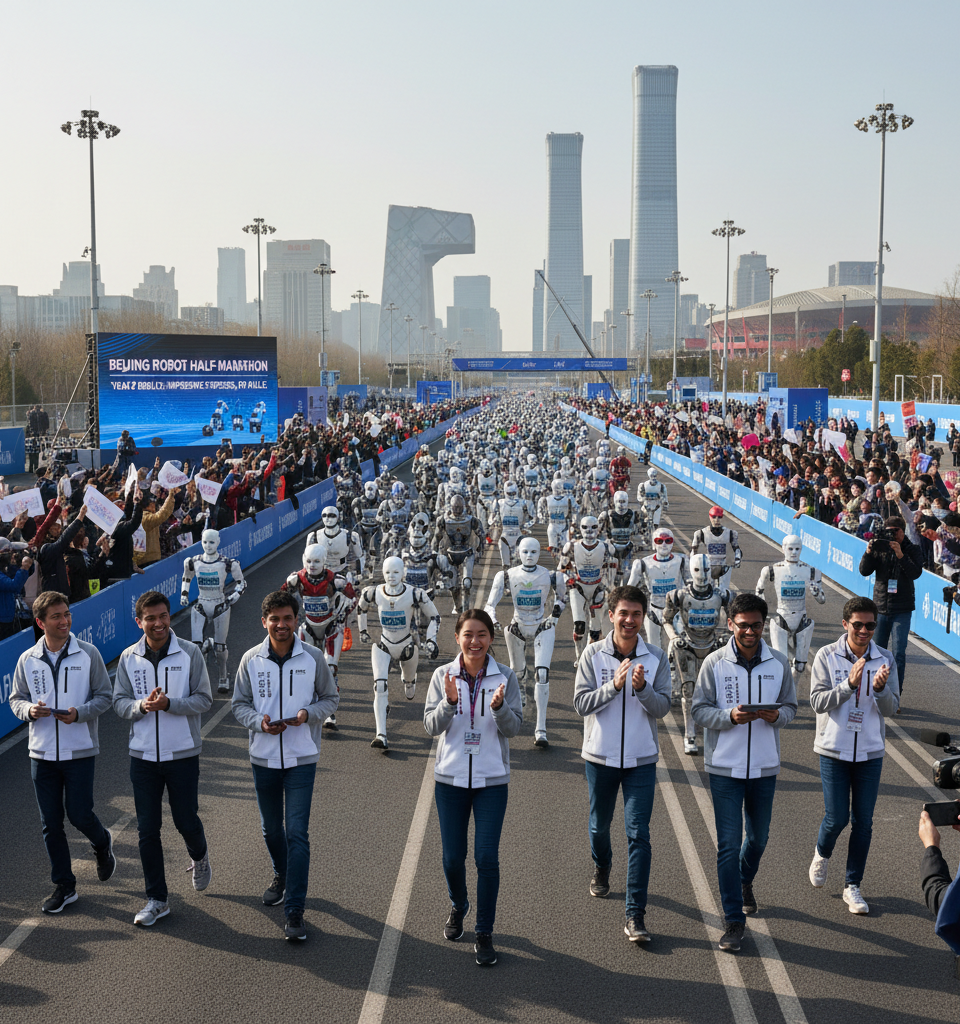 Beijing's robot half-marathon is back for its second year with far less embarassing results — AI-generated illustration
