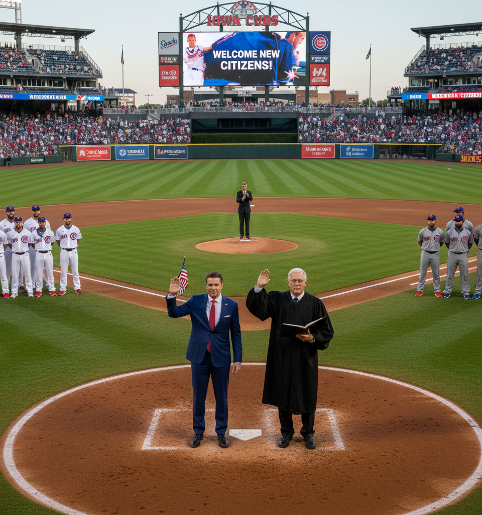 Berkshire CEO Greg Abel Sworn In as U.S. Citizen at Iowa Cubs Game — AI-generated illustration