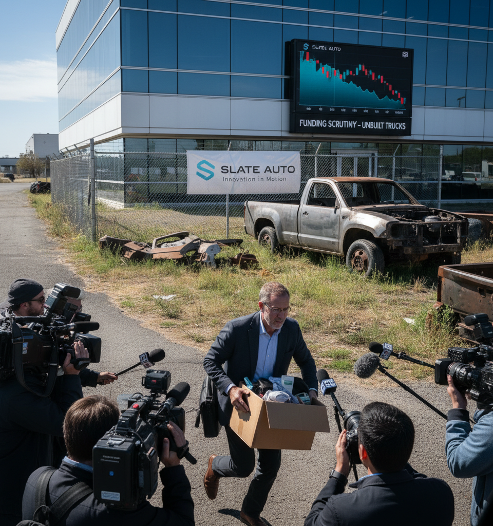 Bezos Associate Departs Slate Auto Board Amidst EV Startup's Unbuilt Trucks and Funding Scrutiny — AI-generated illustration