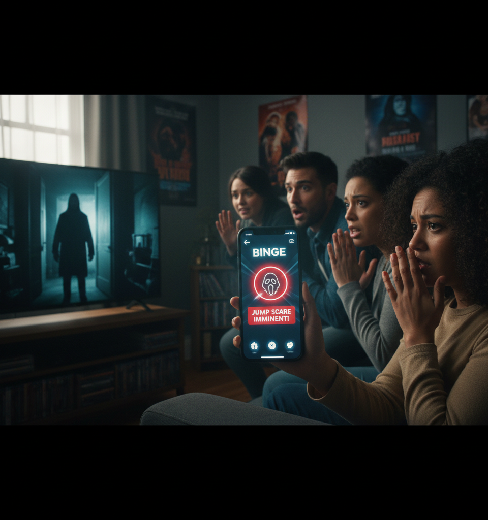 Binge is a movie tracking app that warns you of jump scares in real time — AI-generated illustration
