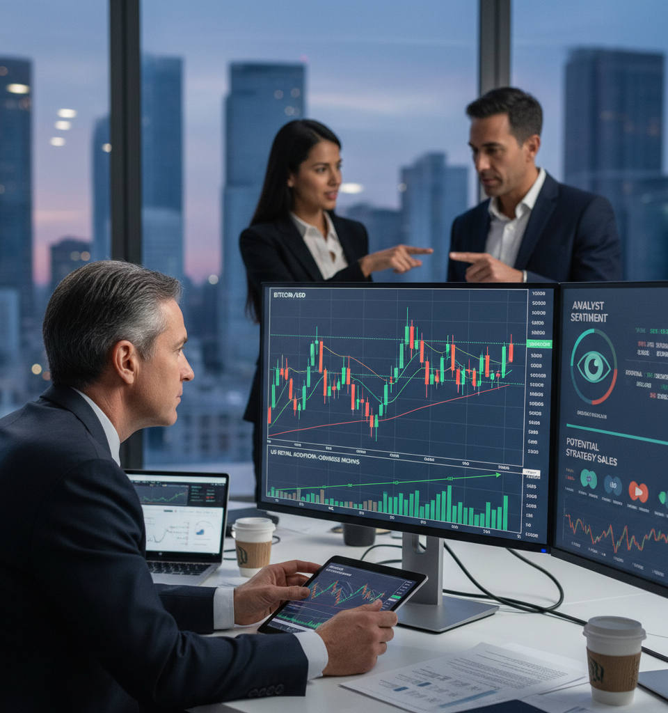 Bitcoin Consolidates Near All-Time High Amidst Surging US Retail Adoption, Analysts Eye Potential Strategy Sales — AI-generated illustration