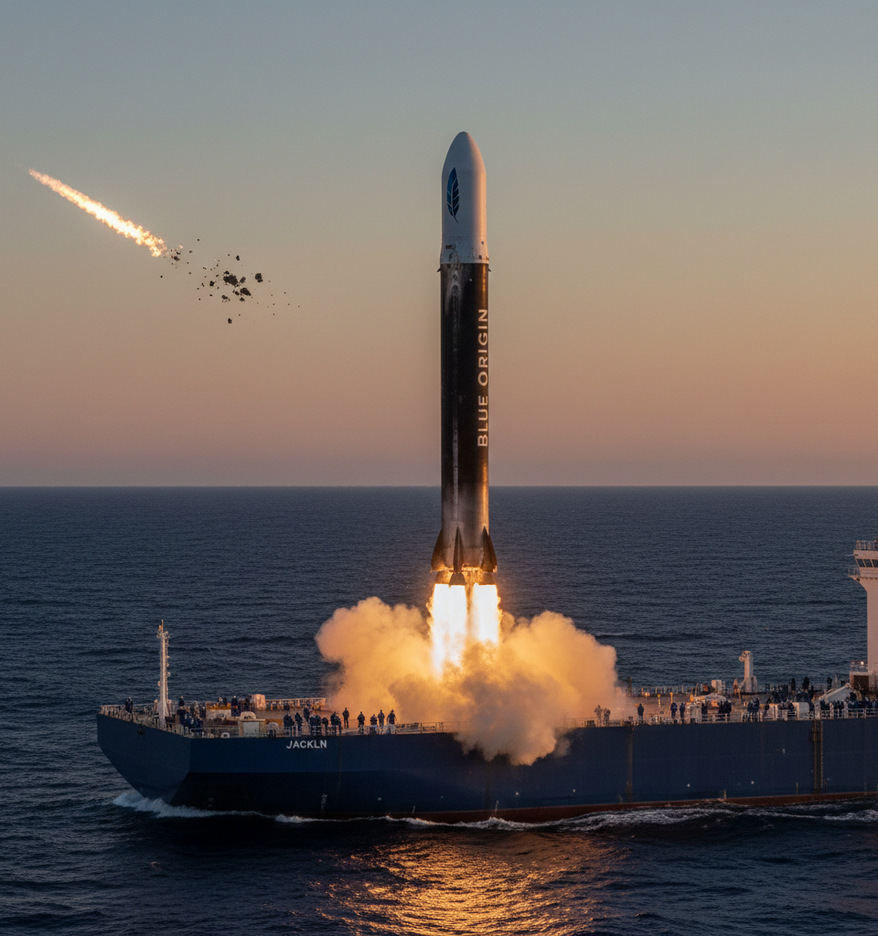 Blue Origin Achieves Booster Reuse Milestone Amidst Commercial Payload Orbit Failure — AI-generated illustration