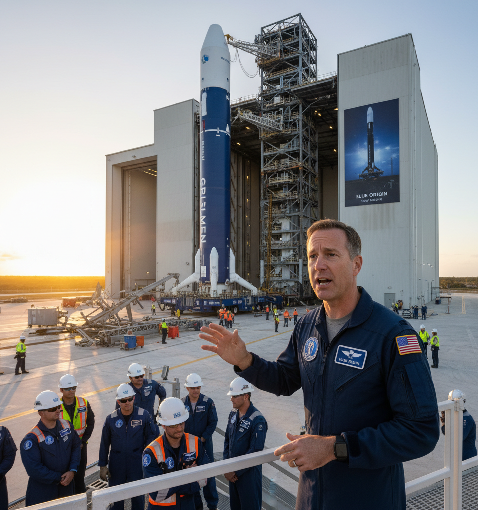 Blue Origin CEO anticipates New Glenn return to flight by year-end after launchpad incident — AI-generated illustration