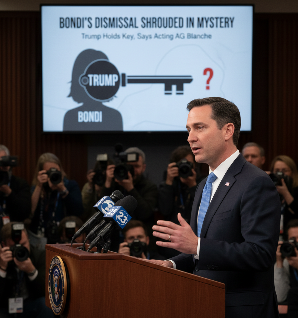 Bondi's Dismissal Shrouded in Mystery: Trump Holds Key, Says Acting AG Blanche — AI-generated illustration