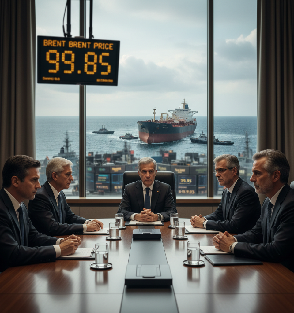 Brent oil price near $100 again with U.S.-Iran talks uncertain and Hormuz still blocked — AI-generated illustration