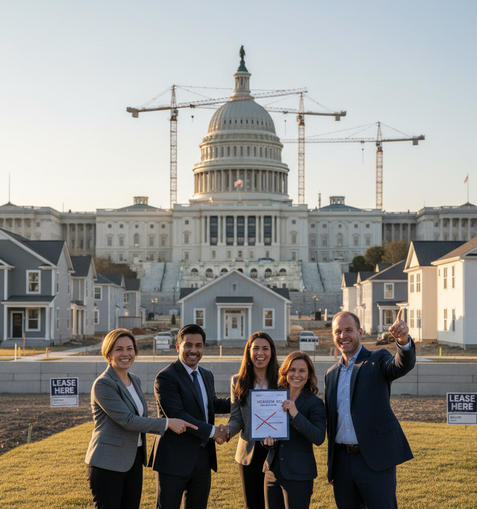 Build-to-Rent Industry Scores Key Victory as House Drops Ban from Housing Bill — AI-generated illustration