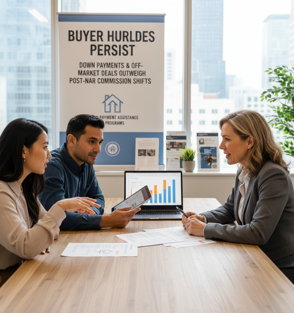 Buyer Hurdles Persist: Down Payments and Off-Market Deals Outweigh Post-NAR Commission Shifts — AI-generated illustration