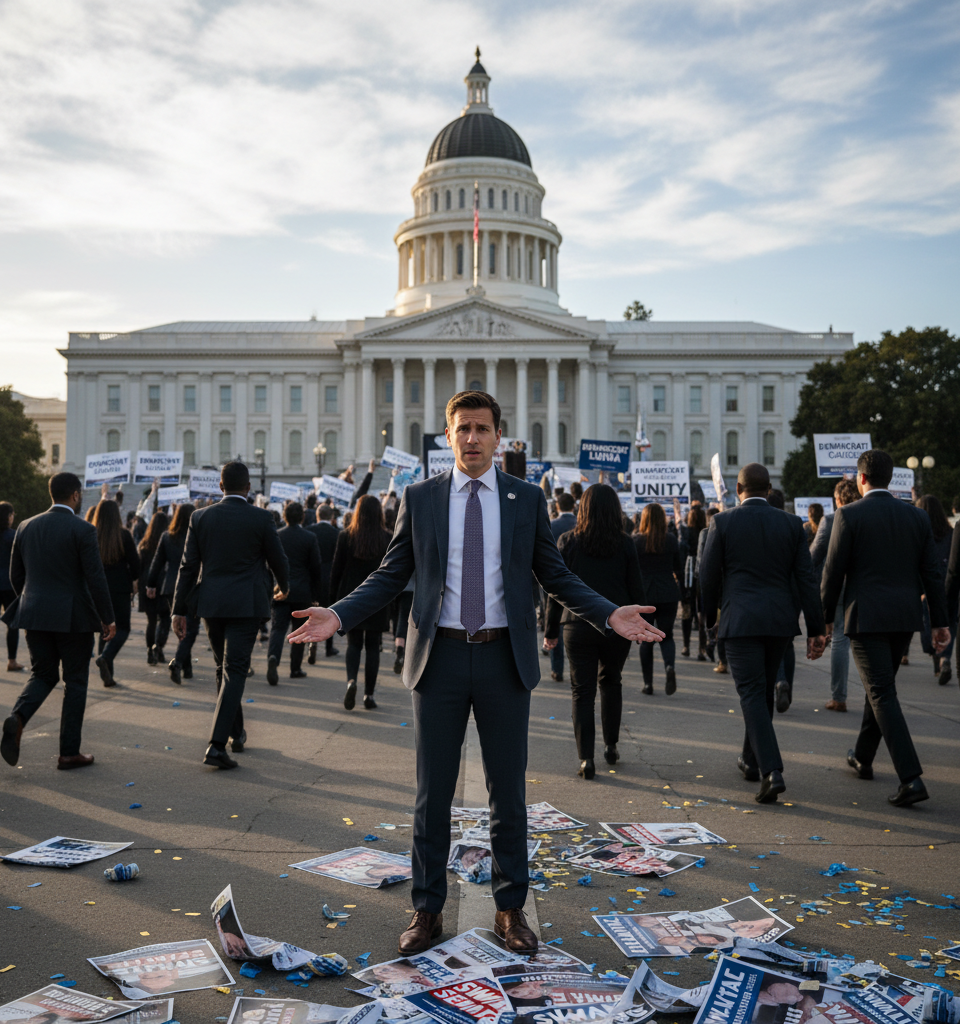 California Democrats Rushed to Back Eric Swalwell — and Quickly Abandoned Him — AI-generated illustration