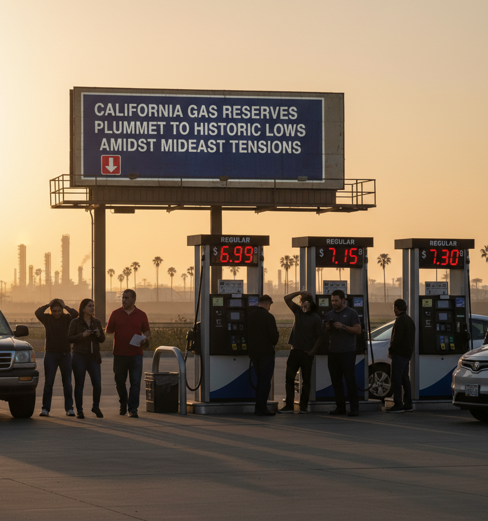 California Gas Reserves Plummet to Historic Lows Amidst Mideast Tensions — AI-generated illustration