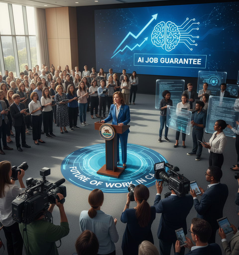 California Gubernatorial Hopeful Proposes AI Job Guarantee Amidst Automation Fears — AI-generated illustration