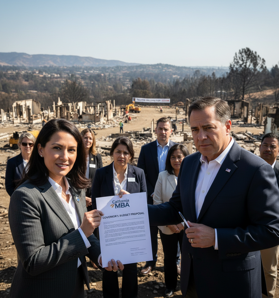 California MBA Backs $100M Wildfire Rebuilding Fund in Governor's Budget Proposal — AI-generated illustration